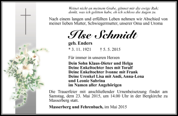 Traueranzeige von Ilse Schmidt von Südthüringer Presse