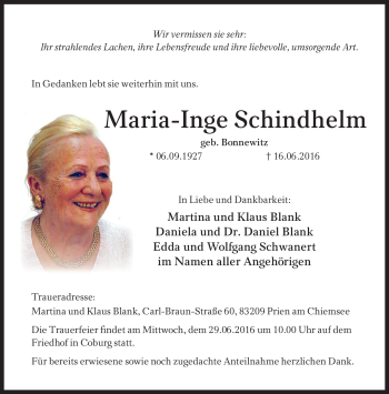 Traueranzeige von Maria-Inge Schindhelm von Neue Presse Coburg