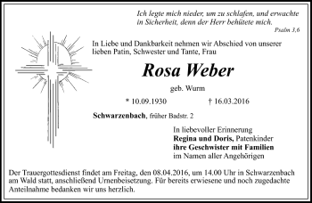 Traueranzeige von Rosa Weber von Frankenpost