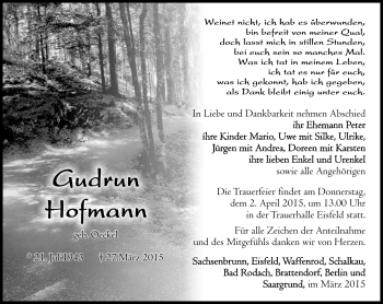 Traueranzeige von Gudrun Hofmann von Südthüringer Presse