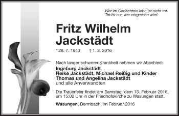 Traueranzeige von Fritz Wilhelm Jackstädt von Südthüringer Presse