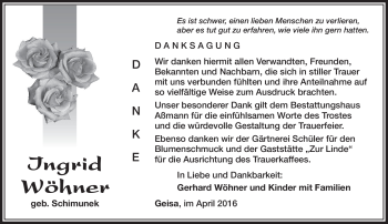 Traueranzeige von Ingrid Wöhner von Südthüringer Presse