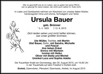 Traueranzeige von Ursula Bauer von Südthüringer Presse