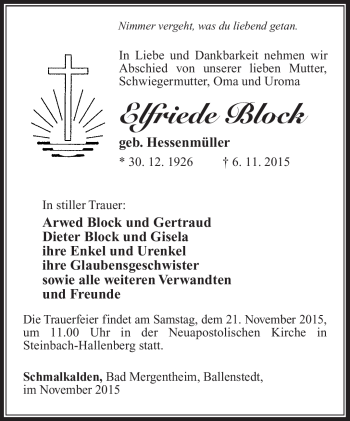 Traueranzeige von Elfriede Block von Südthüringer Presse