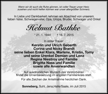 Traueranzeige von Helmut Bathke von Südthüringer Presse