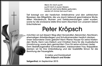 Traueranzeige von Peter Kröpsch von Südthüringer Presse