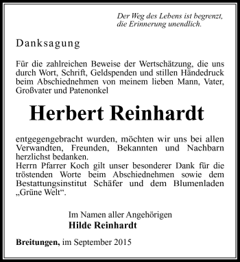 Traueranzeige von Herbert Reinhardt von Südthüringer Presse
