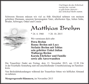 Traueranzeige von Matthias Brehm von Südthüringer Presse
