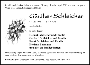 Traueranzeige von Günther Schleicher von Südthüringer Presse
