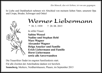 Traueranzeige von Werner Liebermann von Südthüringer Presse