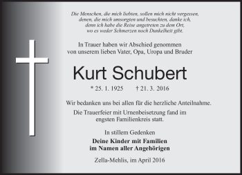 Traueranzeige von Kurt Schubert von Südthüringer Presse
