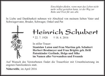 Traueranzeige von Heinrich Schubert von Südthüringer Presse