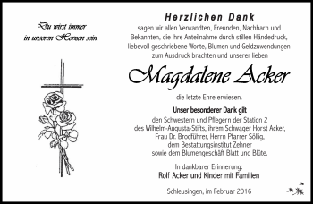 Traueranzeige von Magdalene Acker von Südthüringer Presse