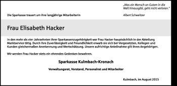 Traueranzeige von Elisabeth Hacker von Frankenpost