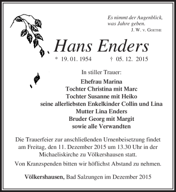 Traueranzeige von Hans Enders von Südthüringer Presse
