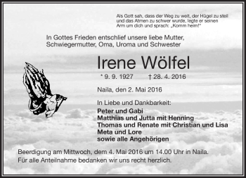 Traueranzeige von Irene Wölfel von Frankenpost