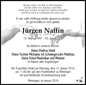 Traueranzeige von Jürgen Naffin von Südthüringer Presse