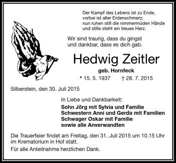 Traueranzeige von Hedwig Zeitler von Frankenpost