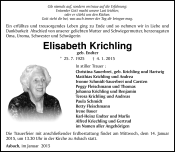 Traueranzeige von Elisabeth Krichling von Südthüringer Presse