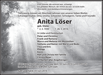 Traueranzeige von Anita Löser von Südthüringer Presse