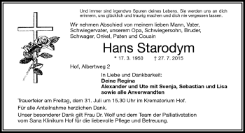 Traueranzeige von hans Starodym von Frankenpost