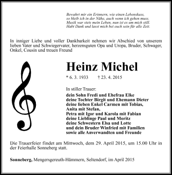 Traueranzeige von Heinz Michel von Südthüringer Presse