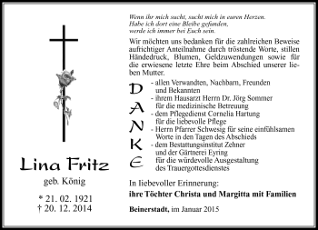 Traueranzeige von Lina Fritz von Südthüringer Presse