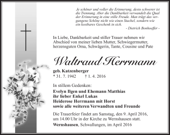 Traueranzeige von Waltraud Herrmann von Südthüringer Presse
