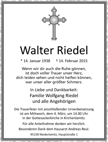 Traueranzeige von Walter Riedel von Frankenpost