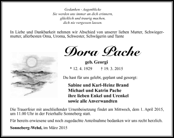 Traueranzeige von Dora Pache von Südthüringer Presse