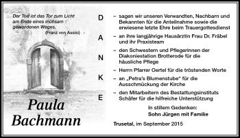 Traueranzeige von Paula Bachmann von Südthüringer Presse