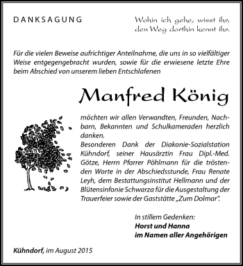 Traueranzeige von Manfred König von Südthüringer Presse