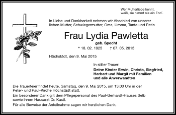 Traueranzeige von Lydia Pawletta von Frankenpost