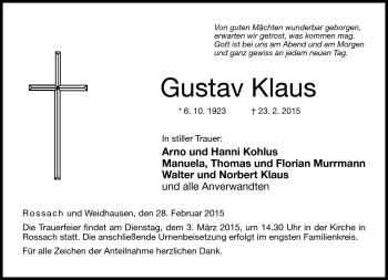 Traueranzeige von Gustav Klaus von Neue Presse Coburg