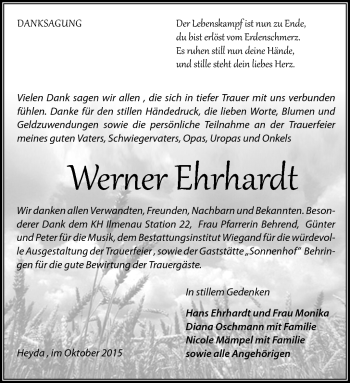 Traueranzeige von Werner Ehrhardt von Südthüringer Presse
