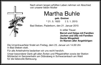 Traueranzeige von Martha Buhle von Frankenpost