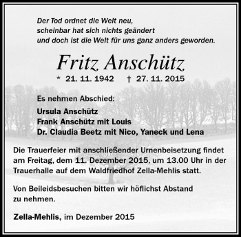 Traueranzeige von Fritz Anscgütz von Südthüringer Presse