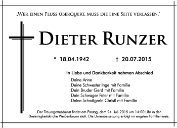 Traueranzeige von Dieter Runzer von Neue Presse Coburg