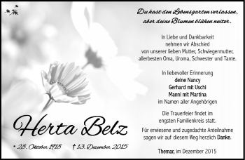 Traueranzeige von Herta Belz von Südthüringer Presse