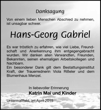 Traueranzeige von Hans-Georg Gabriel von Südthüringer Presse