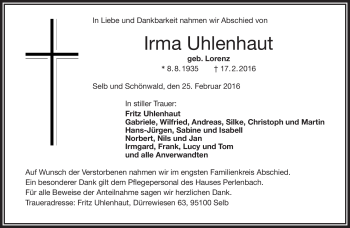 Traueranzeige von Irma Uhlenhaut von Frankenpost
