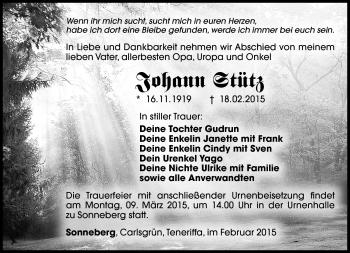 Traueranzeige von Johann Stütz von Südthüringer Presse