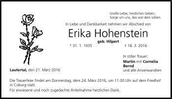 Traueranzeige von Erika Hohenstein von Neue Presse Coburg
