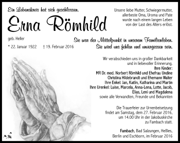Traueranzeige von Erna Römhild von Südthüringer Presse