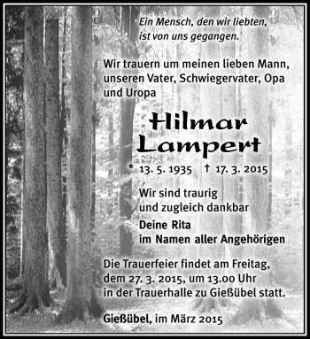 Traueranzeige von Hilmar Lampert von Südthüringer Presse