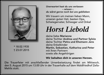 Traueranzeige von Horst Liebold von Südthüringer Presse