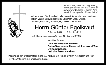 Traueranzeige von Günter Egelkraut von Frankenpost