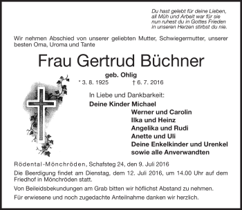 Traueranzeige von Gertrud Büchner von Neue Presse Coburg