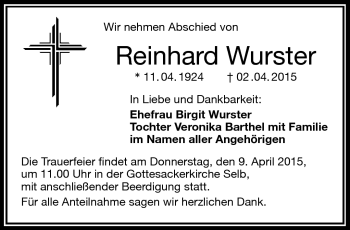 Traueranzeige von Reinhard Wurster von Frankenpost