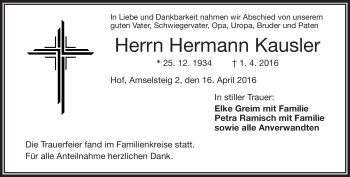 Traueranzeige von Hermann Kausler von Frankenpost